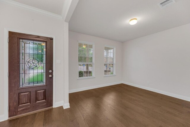 19612 Dunstan Beacon Ln, Pflugerville, TX 78660 - entrance foyer with dark wood-type flooring, healthy amount of natural light, baseboards, and ornamental molding