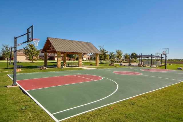 view of sport court with a lawn, a gazebo, and community basketball court
