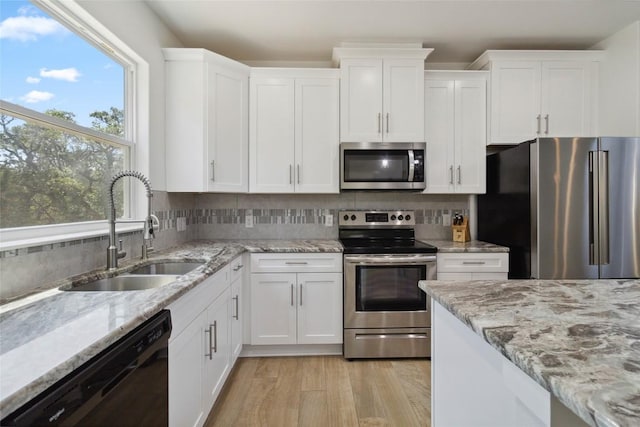 kitchen with white cabinets, backsplash, appliances with stainless steel finishes, and a sink