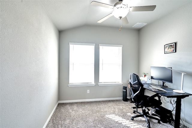 2945 Mill Run Bnd, Round Rock, TX 78665 - carpeted office space featuring lofted ceiling, a textured wall, ceiling fan, and baseboards