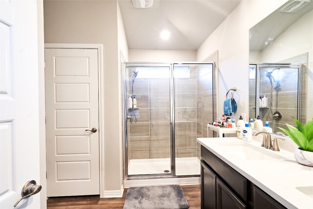 2945 Mill Run Bnd, Round Rock, TX 78665 - bathroom featuring wood finished floors, double vanity, a stall shower, and lofted ceiling