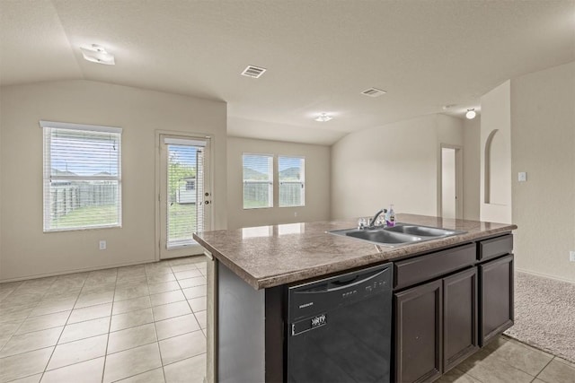 1021 Polmont Ct, Seguin, TX 78155 - kitchen with a sink, vaulted ceiling, a healthy amount of sunlight, and black dishwasher
