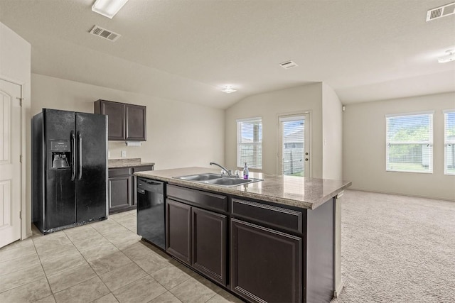 1021 Polmont Ct, Seguin, TX 78155 - kitchen featuring a sink, lofted ceiling, black appliances, and visible vents