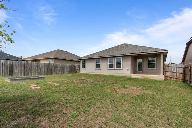 1021 Polmont Ct, Seguin, TX 78155 - back of property with a patio area, stucco siding, a fenced backyard, a lawn, and a shingled roof