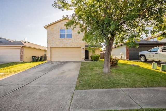 287 Quarter Ave, Buda, TX 78610 - view of front facade with a front lawn, an attached garage, driveway, and stone siding