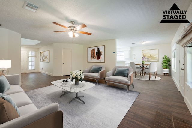 1304 Green Terrace Dr, Round Rock, TX 78664 - living room featuring wood finished floors, baseboards, ceiling fan, and a textured ceiling