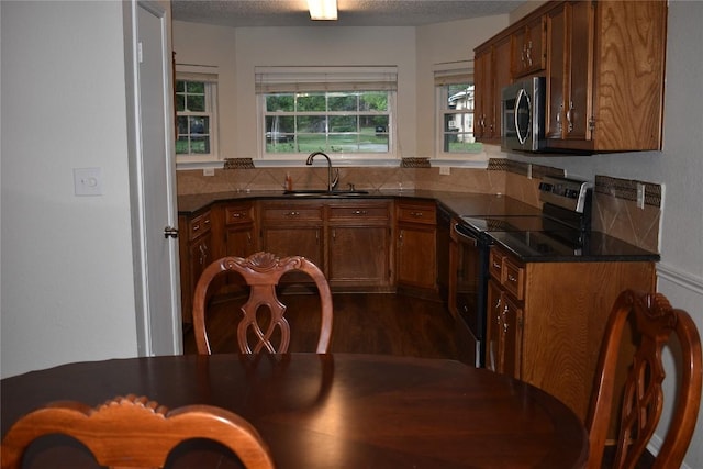 1007 N Bishop St, San Marcos, TX 78666 - kitchen featuring range with electric cooktop, stainless steel microwave, a sink, dark countertops, and brown cabinets