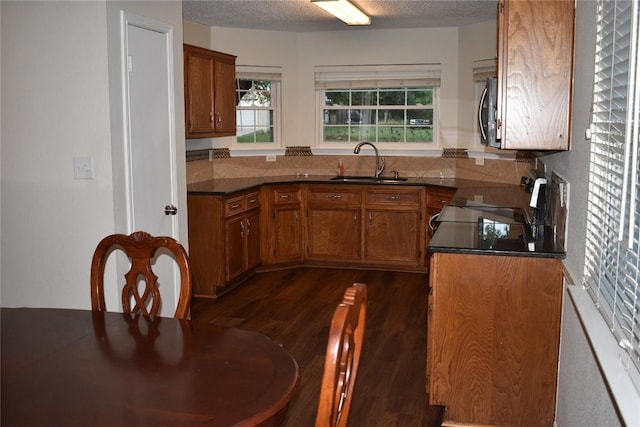 1007 N Bishop St, San Marcos, TX 78666 - kitchen featuring brown cabinets, range, dark wood-style floors, dark countertops, and healthy amount of natural light