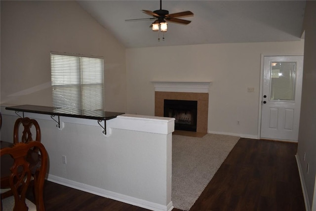 1007 N Bishop St, San Marcos, TX 78666 - living room with ceiling fan, vaulted ceiling, dark wood finished floors, baseboards, and a fireplace with flush hearth