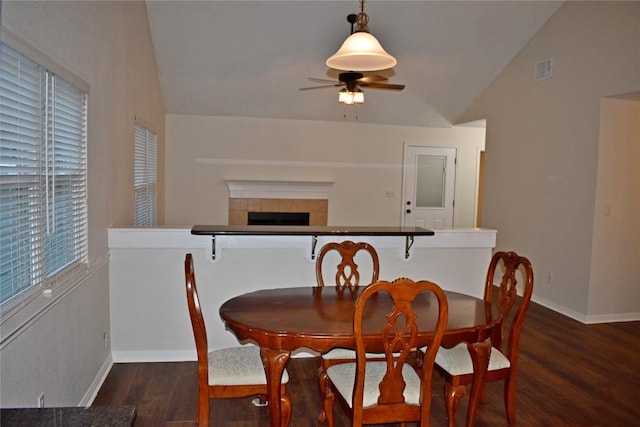 1007 N Bishop St, San Marcos, TX 78666 - dining space with wood finished floors, ceiling fan, baseboards, a tiled fireplace, and lofted ceiling