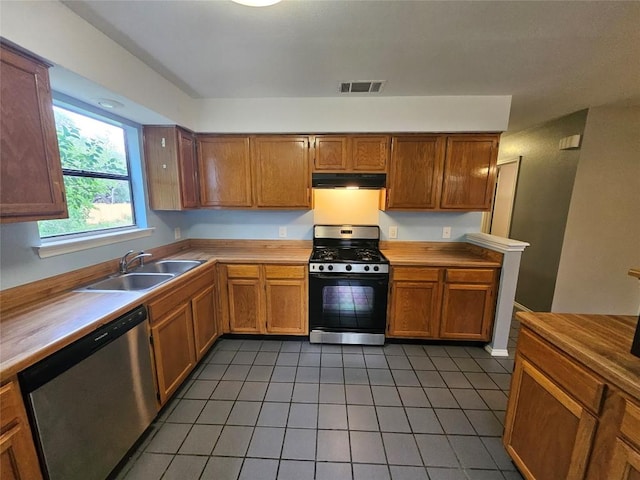 4402 Keota Dr, Austin, TX 78749 - kitchen with a sink, stainless steel gas range oven, visible vents, under cabinet range hood, and dishwasher