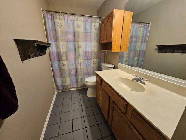 4402 Keota Dr, Austin, TX 78749 - bathroom with a shower with curtain, toilet, baseboards, tile patterned flooring, and vanity