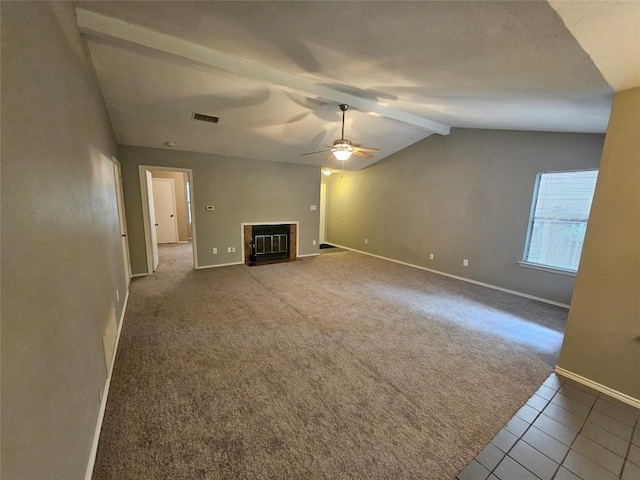 4402 Keota Dr, Austin, TX 78749 - unfurnished living room featuring carpet, baseboards, ceiling fan, visible vents, and lofted ceiling with beams
