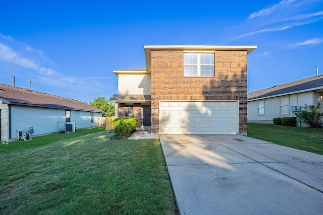 view of front of home featuring central AC, brick siding, concrete driveway, a garage, and a front yard