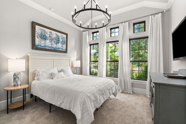 bedroom with baseboards, light carpet, ornamental molding, and a chandelier