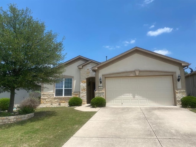 721 Independence Creek Ln, Georgetown, TX 78633 - ranch-style house with stone siding, an attached garage, stucco siding, concrete driveway, and a front yard