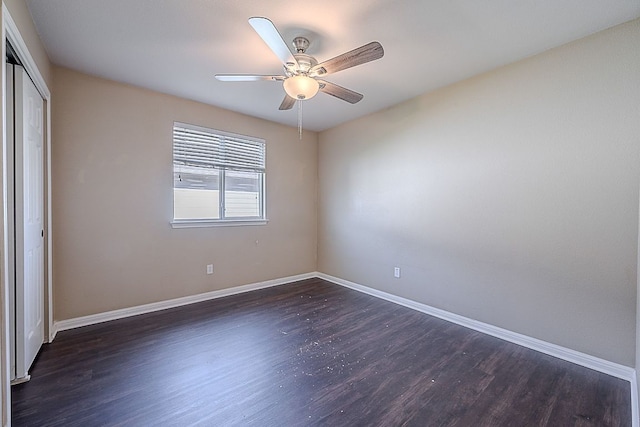 7725 Buckmeadow Dr, Georgetown, TX 78628 - unfurnished bedroom featuring ceiling fan, baseboards, a closet, and wood finished floors