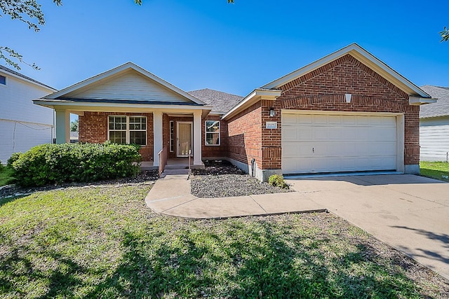 7725 Buckmeadow Dr, Georgetown, TX 78628 - single story home featuring brick siding, a porch, concrete driveway, and an attached garage