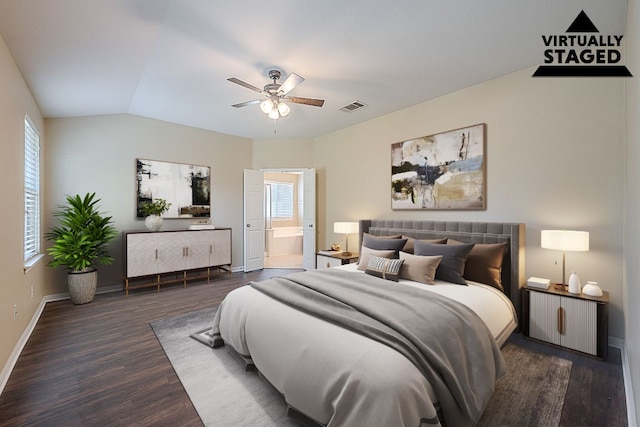 7725 Buckmeadow Dr, Georgetown, TX 78628 - bedroom featuring wood finished floors, baseboards, ensuite bath, ceiling fan, and lofted ceiling