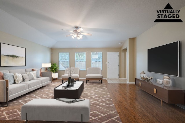7725 Buckmeadow Dr, Georgetown, TX 78628 - living area with ceiling fan, wood finished floors, and baseboards
