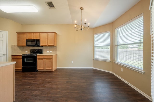 13605 James Garfield St, Manor, TX 78653 - kitchen with black appliances, visible vents, dark wood finished floors, a chandelier, and backsplash