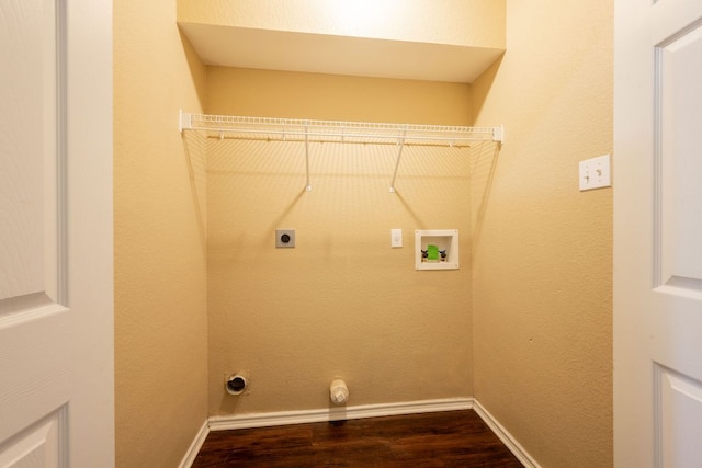 13605 James Garfield St, Manor, TX 78653 - clothes washing area featuring hookup for a washing machine, hookup for an electric dryer, baseboards, and dark wood-type flooring