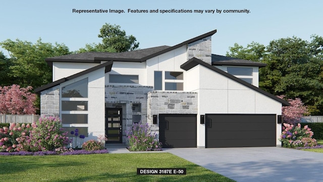 9516 Dingo Dr, Austin, TX 78744 - contemporary home with driveway, fence, a garage, stone siding, and a front lawn