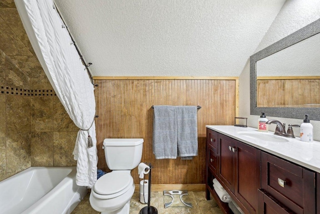 1200 County Road 211, Giddings, TX 78942 - bathroom with toilet, lofted ceiling, vanity, wooden walls, and shower / tub combo