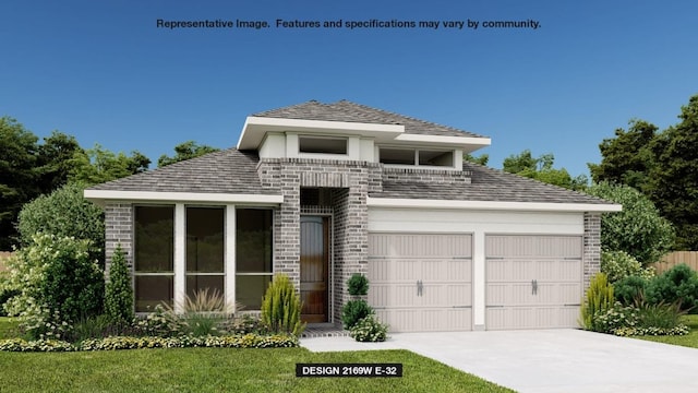 prairie-style home featuring concrete driveway, a garage, and a balcony