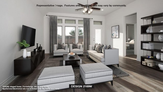 living area with baseboards, a ceiling fan, and wood finished floors