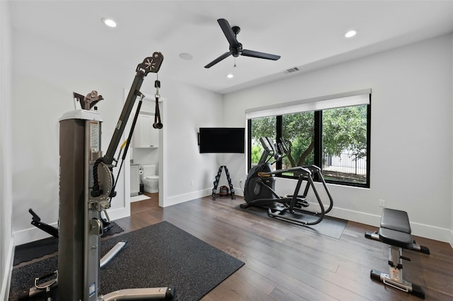5609 Laceback Ter, Austin, TX 78738 - exercise room featuring a ceiling fan, recessed lighting, and dark wood finished floors