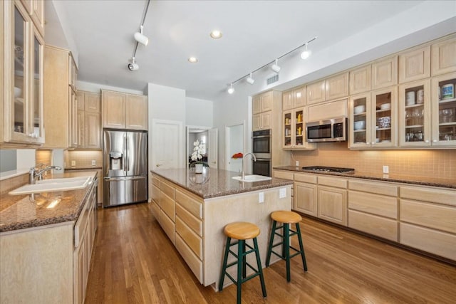 kitchen featuring a center island with sink, stainless steel appliances, a sink, and light brown cabinetry
