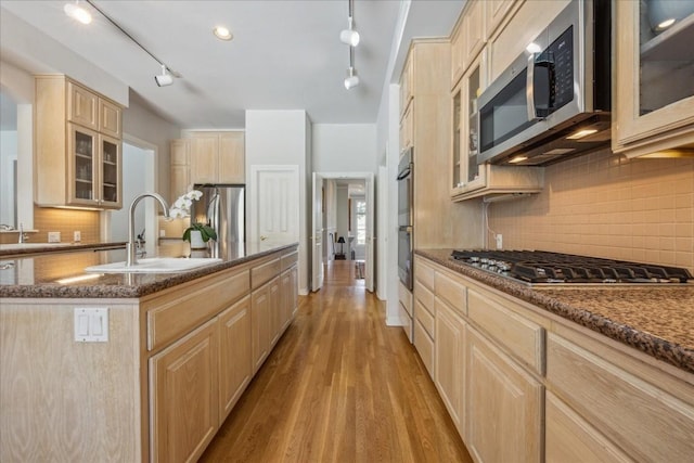 kitchen featuring a sink, rail lighting, decorative backsplash, light brown cabinets, and appliances with stainless steel finishes