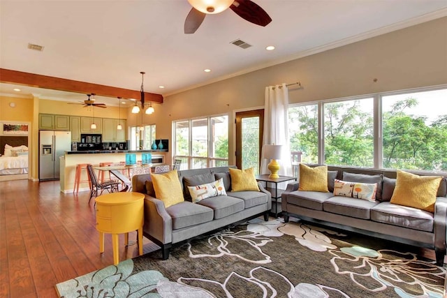 2208 Trailside Dr, Austin, TX 78704 - living area featuring ceiling fan, ornamental molding, and visible vents