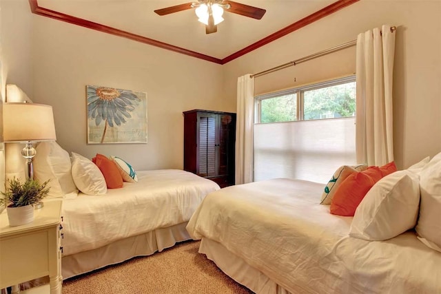 2208 Trailside Dr, Austin, TX 78704 - bedroom with light carpet, a ceiling fan, and ornamental molding