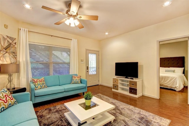2208 Trailside Dr, Austin, TX 78704 - living room featuring wood finished floors, baseboards, ceiling fan, and recessed lighting