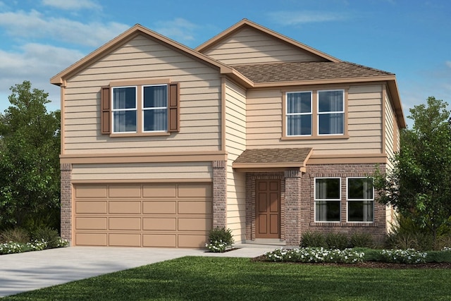 traditional-style house featuring a garage, a shingled roof, concrete driveway, a front yard, and brick siding