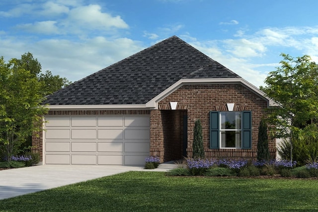 view of front of home with brick siding, concrete driveway, a garage, a front yard, and a shingled roof