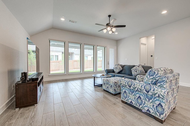 6320 Lipan Bayou Trl, Austin, TX 78738 - living room with light wood-style flooring, ceiling fan, vaulted ceiling, and recessed lighting