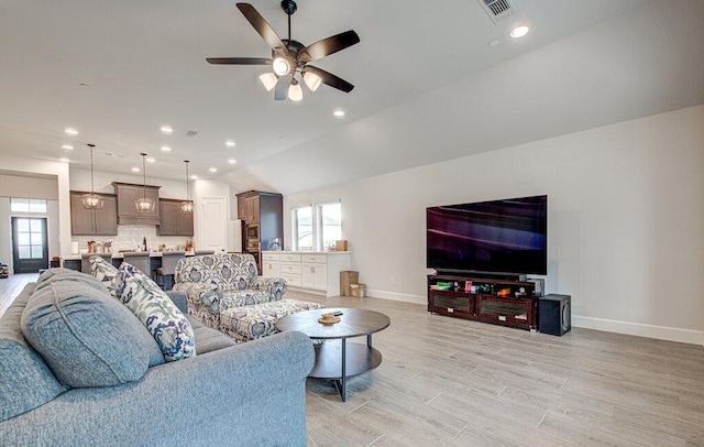 6320 Lipan Bayou Trl, Austin, TX 78738 - living area with ceiling fan, light wood-type flooring, recessed lighting, and lofted ceiling