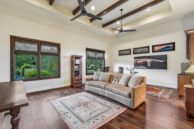 living area featuring ceiling fan, a wealth of natural light, beamed ceiling, and dark wood-type flooring