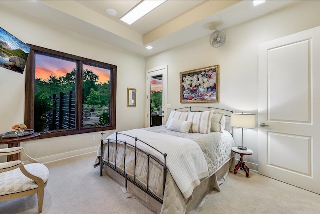 carpeted bedroom with baseboards and recessed lighting