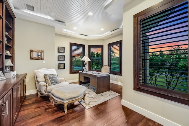 home office with a raised ceiling, dark wood-type flooring, baseboards, wood ceiling, and recessed lighting