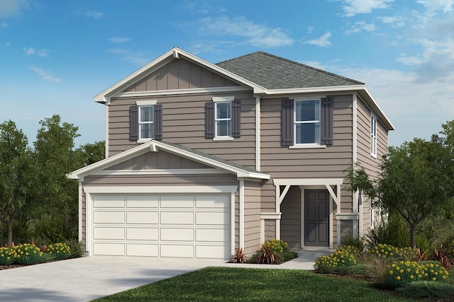 traditional-style home featuring roof with shingles, concrete driveway, a garage, and board and batten siding