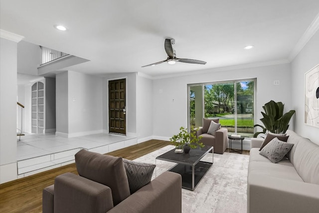 9010 Quail Creek Dr, Austin, TX 78758 - living room featuring recessed lighting, crown molding, a ceiling fan, and stairs