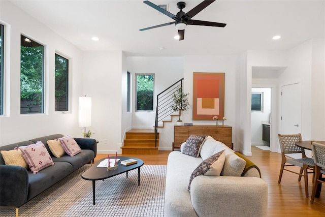 310 Terrace Dr Unit B, Austin, TX 78704 - living area featuring light wood-style floors, stairs, ceiling fan, baseboards, and recessed lighting