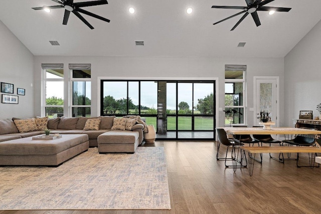 209 Northcrest Dr, Liberty Hill, TX 78642 - living area featuring vaulted ceiling, a ceiling fan, wood finished floors, and recessed lighting