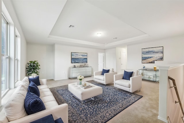 6900 Longford Trl, Austin, TX 78754 - living area featuring a raised ceiling, light colored carpet, and plenty of natural light