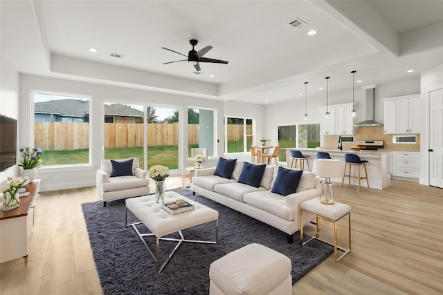 20405 Sunset Strip St, Lago Vista, TX 78645 - living room featuring ceiling fan, light wood finished floors, and recessed lighting