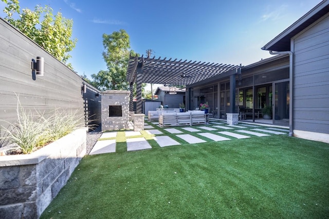 1218 Timber St, Georgetown, TX 78626 - view of grassy yard featuring outdoor lounge area, a pergola, a storage unit, an outdoor structure, and a patio